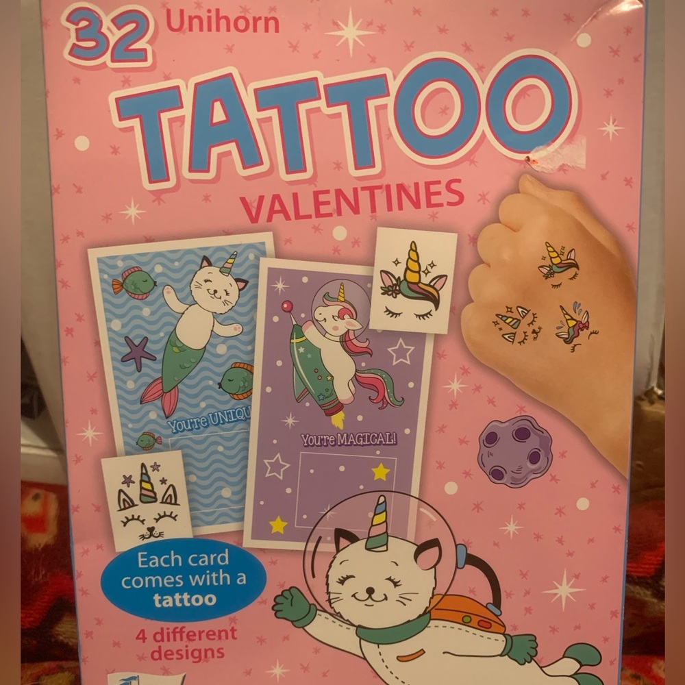 COLORFUL Unicorn Cat kids temporary tatoos  32 Valentines Brand NEW in box